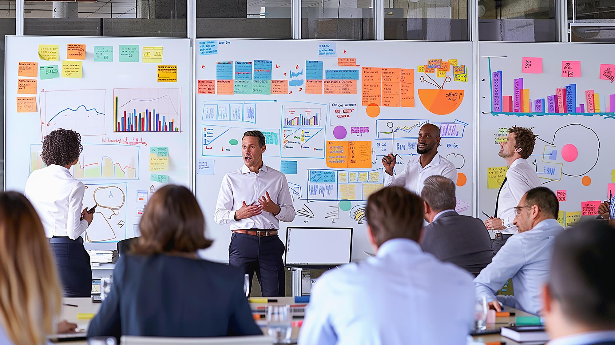 Advisory team reviewing company performance metrics and development roadmaps with executives