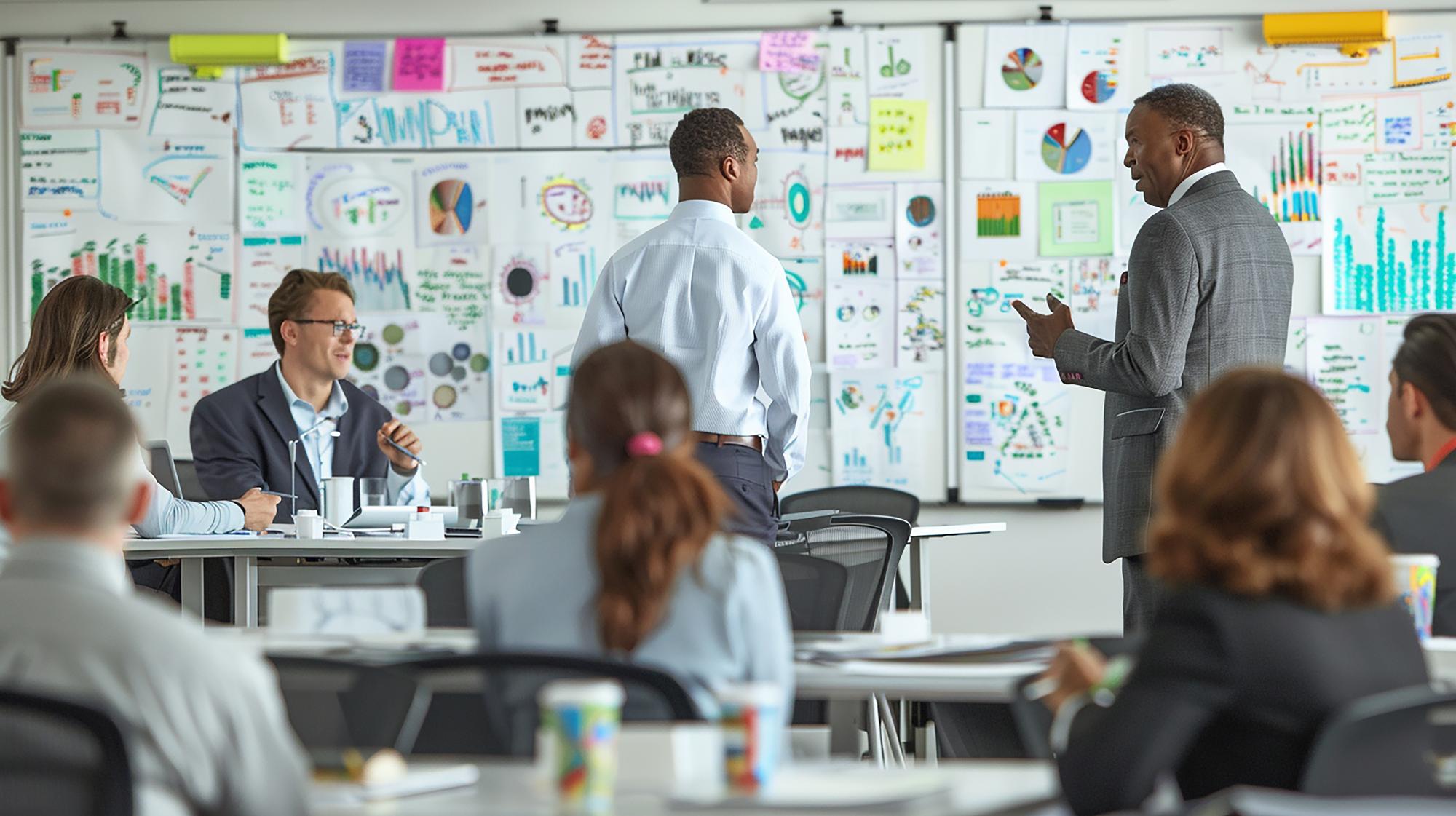Advisory team reviewing company performance metrics and development roadmaps with executives